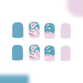 Press on Nails Extra Short Shaped Begonia False Nails Blue Press Nails Flower Pattern Design Acrylic Nails Chinese Style Stick on Nails Artificial Coffin Nails Full Cover Glue on Nails for Women