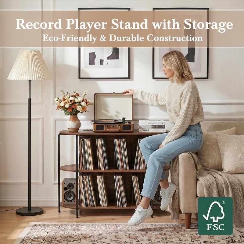 Faesun 43.3" Record Player Stand with Power Outlets, 3-Tier Vinyl