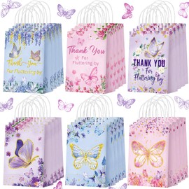 Outus 24 Pcs Butterfly Party Favors Butterfly Gift Bags Pink Purple Flowers Candy Treat Goodie Bags Thank You for Fluttering by Paper Bags with Handles for Girls Birthday Party Supplies Baby Shower