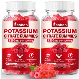 Potassium Citrate 1200mg Gummies - Chewable Supplement to Support Muscle Health & Relieve Leg Cramps for Men & Women. Vegan, Gluten-Free, Sugar-Free, Raspberry Flavor, 120 Count