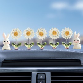 Kurilai 7pcs Cute Car Rearview Mirror Accessories, Funny Bunny Car Ornament, Shaking Spring Transparent Sunflower Car Dashboard Decoration, Rabbit Car Interior Decor Festival Car Present for Men Women