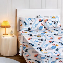 BYSURE Full Sheets Set Kids(Car Trace, Blue), 4 Pieces Easy Fit Deep Pocket Sheets Set, Breathable Wrinkle-Free Microfiber Bedding for Children