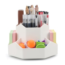 TEKONDA Rotating Desk Organiser White Plastic Pens Organiser Pen Holder Kids Desk Storage Box for Desk Chest of Drawers Office