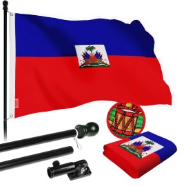 UD_G128 Combo Pack: 5 Ft Tangle Free Spinning Flagpole (Black) & Haiti Flag 2.5x4 Ft Embroidered 220GSM Spun Polyester, Brass Gr
