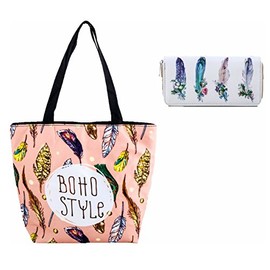 LA Shopper Diaper Craft Beach Purse Tote Bag Zipper Wallet Set (Peach boho feather)