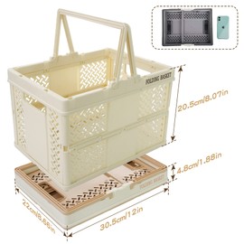 Spesh 2 Pcs Collapsible Storage Crates 31cm*22cm Mini Foldable Kids Shopping Baskets with Handles Small Plastic Crates for Picnic,Shopping,Camping(Beige+Lightpink)