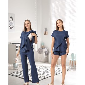 Rnxrbb 3 Piece Postpartum Nursing Pajamas Set Casual Soft Maternity Breastfeeding Pjs Sleepwear Loungewear Clothes Layer, Navy, Large