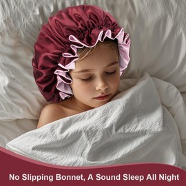 ZURLEFY Burgundy Silk Bonnet for Kids, Satin Double Layer Infant Sleeping Cap, Cute Hair Bonnet for Girls Boys Toddler Curly Hair Night Hat (65-05S)