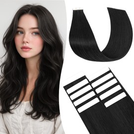 tesshair Tape in Hair Extensions Human Hair Thin Type 10 Pcs Invisible Skin Weft Remy Real Hair Extension Tapes Natural Tape Extensions for Women Girls(Jet Black, 15g) - 10Inch