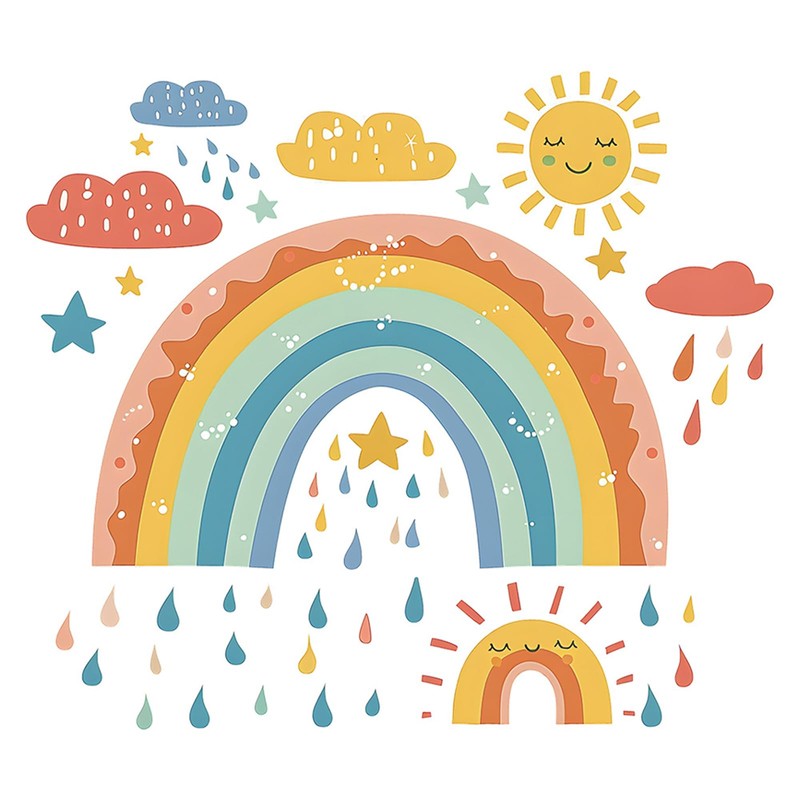 SMAOSTORE Wall Sticker, Rainbow, Cloud, Sun, Stylish, Rainbow, Rainy Season,