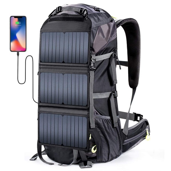 External Frame Hiking Backpack 68L with 20 Watts Solar Charger Panel