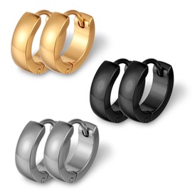JJUNW 3 Pairs Men Hoop Earrings, Hoop Earrings for Men, Stainless Steel Hoop Earrings for Women Men, Minimalist Huggie Earrings Gold Silver Black Hypoallergenic Small Round Earrings (Style 2)