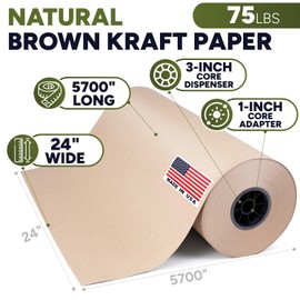 Paclord 24" x 5700" (475 feet) Natural Brown Kraft Paper Roll, 75 Lb Extra Heavy-Duty (Grocery Bag Grade) – Made in USA Large Size Roll of Brown Wrapping Paper, 3-inch Core – For Packaging, Shipping