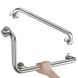 Brushed Nickel L-Shaped Grab Bar 12x24 Inch + Knurled Shower Grab Rail 20 Inch, Zepolu Stainless Steel Toilet Safety Bar 90 Degree, Angled Balance Support Assist Bar, Bathroom Mobility Aid Handrail