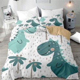 Morbuy Copripiumino per bambini, set da letto singolo blu Dinosaur Microfibra, 150 x 200 cm + 2 federe 50 x 75 cm