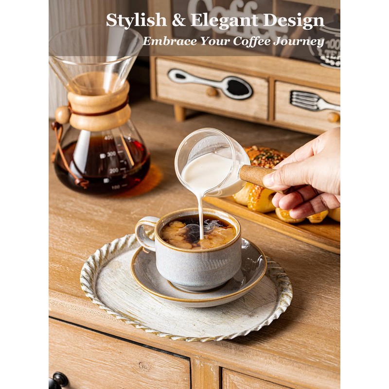 Gomakren 6 Ounce Cappuccino Cups with Saucers and Metal Stand,
