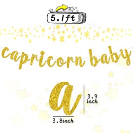 Capricorn Baby Banner, January/Febuary Horoscope Capricorn Birthday Bunting Sign, Capricorn Zodiac Astrology Birthday/Baby Shower Party Decorations Supplies, Gold Glitter