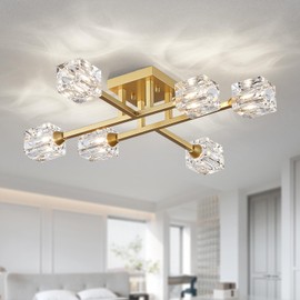 XINGQI Modern Ceiling Light Sputnik 6-Light Semi Flush Mount Ceiling Light Fixtures, Mid Century Antique Gold Chandeliers for Bedroom Dining Room Powder Room