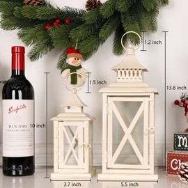 Lanterns Decorative Outdoor&Indoor, Set of 2 (14"&10") Beige Metal Lantern Decor with Glass, Candle Holder for Porch, Patio, Garden, Balcony, Wedding, Table Centerpiece