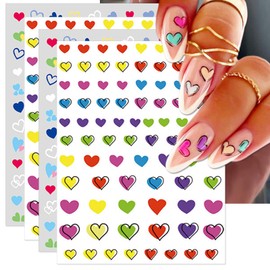 IDDFEVE Valentine's Day Nail Art Stickers - Cute Colorful Heart Nail Decals, Self-Adhesive Rainbow Love for DIY 3D Nail Supplies Decoration (4 Sheets)