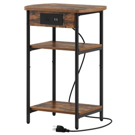 Hzuaneri End Table with Charging Station, 3 Tier Storage Bed Side Table with USB Port & Outlet, Nightstand for Living Room, Bedroom, Narrow Side Table, Rustic Brown and Black ET05201B