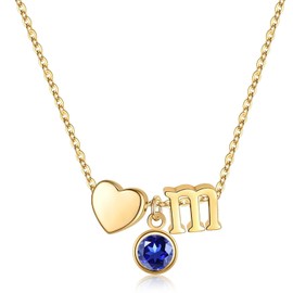 Ursilver Initial Birthstone Necklaces for Women, 14K Gold Plated Dainty Heart Initial M Necklace Sapphire Birthstone Necklace Heart Initial Birthstone Necklace September Birthstone Jewelry for Women
