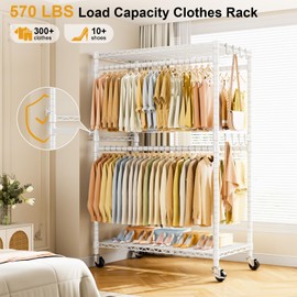 ULIFHOME P4 Rolling Clothes Rack Heavy Duty, Clothing Racks for Hanging Clothes, Free Standing Garment Racks with Wheels, Metal Portable Closet Rack 45''W × 20.5''D × 80.5''H, Max Load 570 Lbs, White