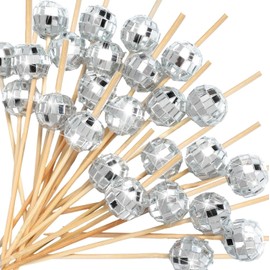 200 Pieces Long Cocktail Picks Decorative Fancy Toothpicks Silver Cocktail Disco Ball Wooden Skewers Cocktail Sticks Bamboo Cocktail Garnish for Wedding Birthday Party Food Garnish (Long Head)