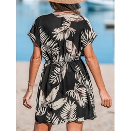 CUPSHE Women's Swimsuit Coverup V Neck Short Sleeve Bathing Suit Cover Ups Swimwear Bikini Beach Dress Brown Leaf XX-Large