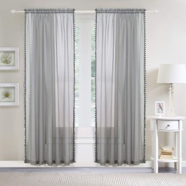 Elegant Comfort PomPom-Curtain-40in-Gray Luxurious Pom Pom Tassled Sheer Curtain/Panel with 2" Rod Pocket, Curtain Panels for Living Room, Bedroom, Gray, 40" Width, 84" Length, Pack of 2
