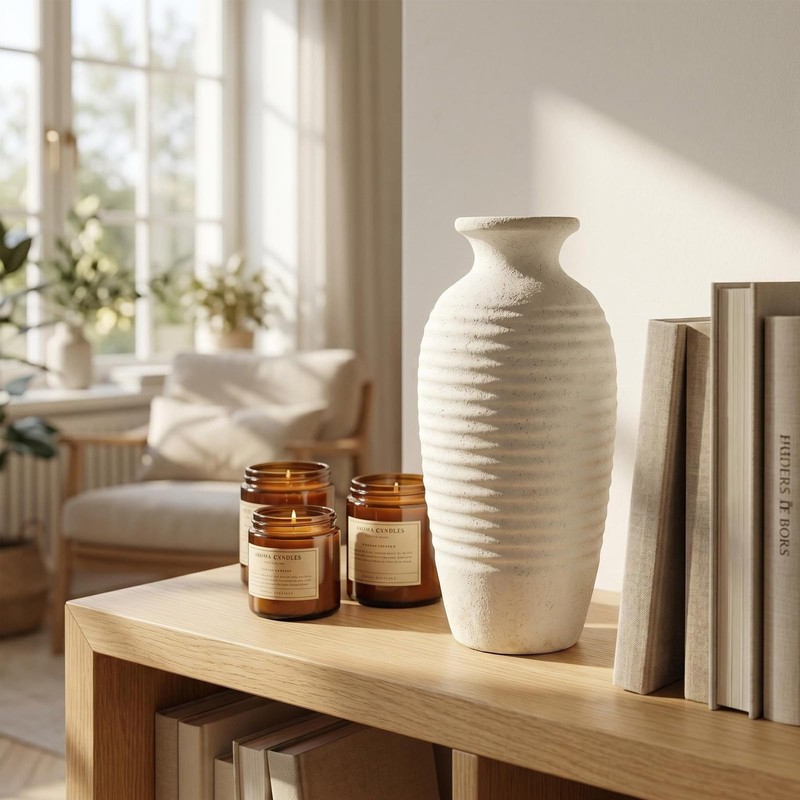 14.4 Inch Farmhouse Ceramic Vase for Pampas Grass, Off White
