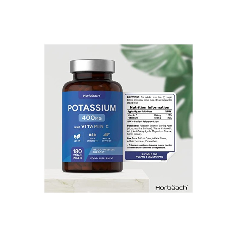 Potassium Supplement 400mg with Vitamin C | 180 Vegan Tablets
