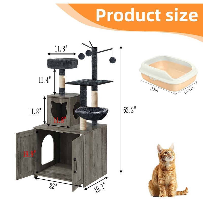 Cat Tree with Litter Box, Wood Litter Box Enclosure with