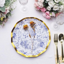 Balsa Circle 25 Round Blue 10 in Disposable Dinner Salad Paper Plates Gold Wavy Trim Wedding Party Events Reception Tableware Decorations