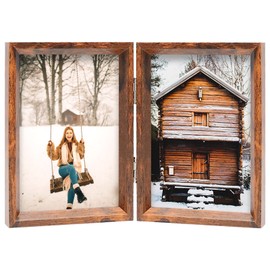 TOFOREVO 5x7 Double Picture Frame Rustic Brown Wooden Hinged Beveled Photo Frame Definition Glass 2 Vertical Openings Stand on Desktop Tabletop