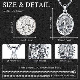 Aniu Sterling Silver St Christopher Pendant Necklace, Patron Saint Christopher Medallion Medal, Religious Amulet, Christian Jewelry, Travel Gift