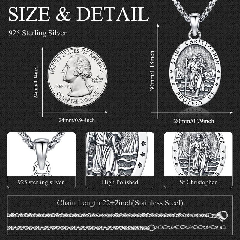 Aniu Sterling Silver St Christopher Pendant Necklace, Patron Saint Christopher