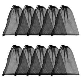DELORIGIN 10pcs Mesh Drawstring Bag 10 x 12 inch Black Small Bags With Pull Rope Thicken Portable Storage Bags Outdoor Mesh Organizer Bag for Travel Hike Sports Diving Beach Collecting playthings