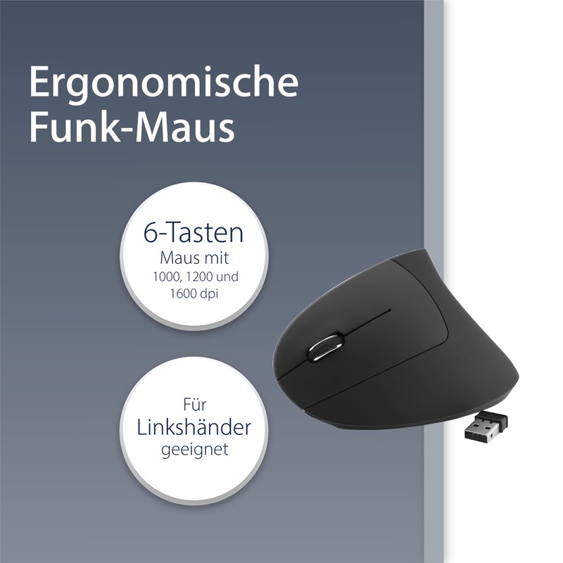MediaRange ergonomische 6-Tasten Funk-Maus mit optischem Sensor für Linkshänder, schwarz