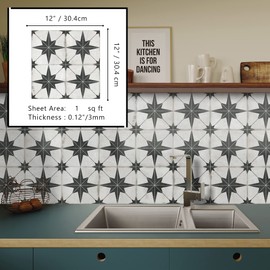 The Tiles Plaza Encaustic Peel and Stick Backsplash, Black Star Patterned Vintage Stick on Tiles, Stone Composite Self-Adhesive Wall Tile Sticker for Kitchen Bathroom Fireplace Stairs, 10 Sheets