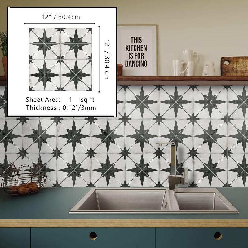 The Tiles Plaza Encaustic Peel and Stick Backsplash, Black Star