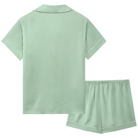 Amorbella Short Sleeve Button Pajamas Shorts Set Silky Matte Stretch Poly Satin Nightwear Lightweight Cool (Sage Green, X-Large)