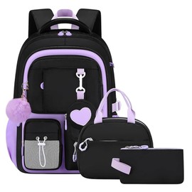 Amythe School Bag Girls Set of 4 School Backpack Teenager 3rd - 7th Grade School Bag Kawaii with Lunch Bag Pencil Case Gymnasium, 23L Black Purple