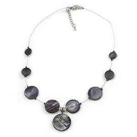 Avalaya Delicate Floating Dark Grey Shell Bead Wire Necklace in Silver Tone - 42cm L/ 5cm Ext