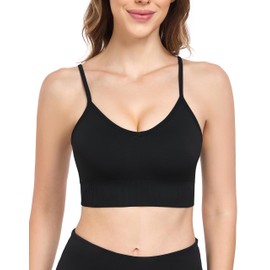 ANGOOL Women's Sports Bra Without Underwire Adjustable Spaghetti Straps Sports Bustier Women's Padded Seamless Convertible to Crossback, Black+grey, M