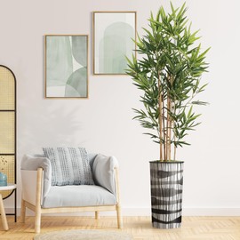 SIGNWIN Artificial Tree in Black and White Vertical Stripe Planter, Fake Bamboo Silk Tree for Indoor and Outdoor Home Decoration - 70" Overall Tall (Plant Pot Plus Tree)