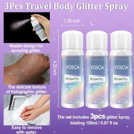 Yosca Body Glitter Spray, 3Pcs Holographic Silver Travel Shiny Glitter Spray