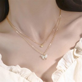 Sterling Silver Necklace Shiny Butterfly Tassel Necklace Female Double Layer Pendant Clavicle Chain Wedding Party Jewellery