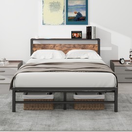 ARFARLY Queen Bed Frame with Wood Storage Headboard,Platform Bed Frame Queen No Box Spring Needed,Strong Slats Mattress Foundation,Easy Assembly,Black+Brown