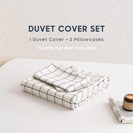 Wake In Cloud - Grid Cotton Duvet Cover Set, Plaid Checkered Geometric Farmhouse, 100% Washed Cotton Textured Percale Bedding Set, 3 Pieces, White, Twin Size